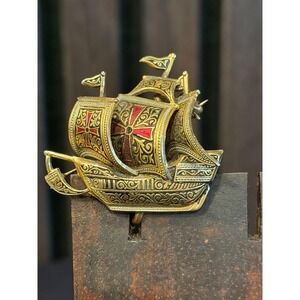 Vintage Damascene Style Gold Tone & Enamel Spanish Galleon Ship Brooch Pin